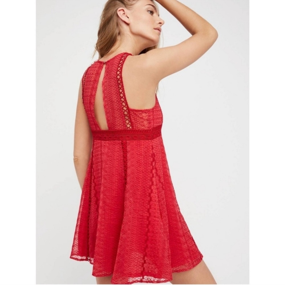 Free People "Wherever You Go" sleeveless lace mini dress in a rose red color, - Picture 2 of 5